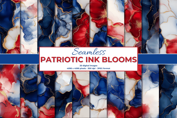 Patriotic Ink Blooms: 20 Seamless Red, White & Blue Backgrounds