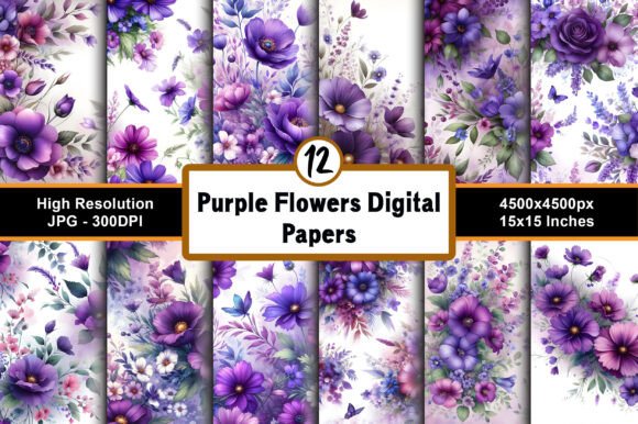 Purple Flowers Digital Paper Backgrounds for Creative Projects